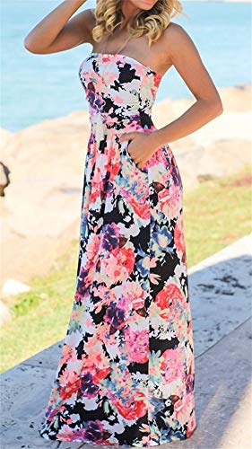PRIMODA Womens Strapless Tube Top Maxi Dress Floral Boho Beach Dress with Pockets(S BlackRed 3#) - Image 2