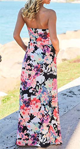 PRIMODA Womens Strapless Tube Top Maxi Dress Floral Boho Beach Dress with Pockets(S BlackRed 3#) - Image 3