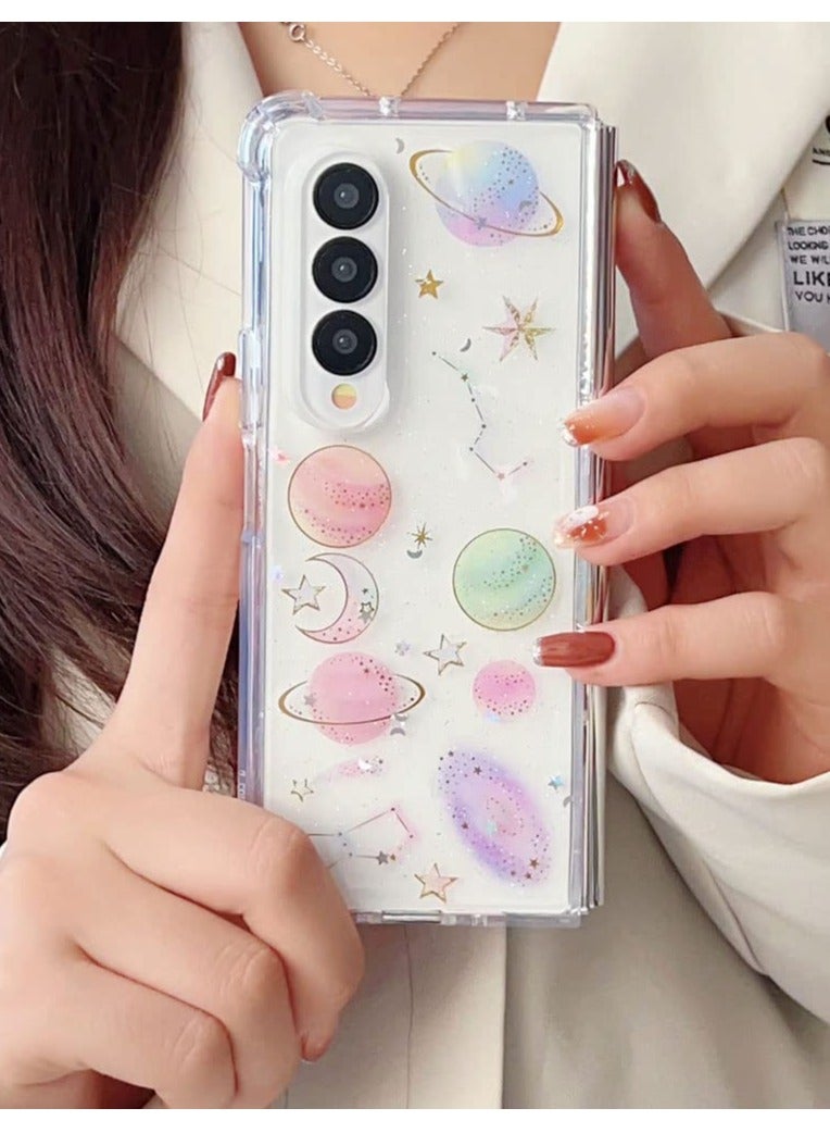 Excefore For Samsung Z Fold 5 5G Case Space Theme Clear with Design Bling Glitter Sparkly Stars and Moon Planet Durable Shockproof Transparent Universe Phone Protective Cover Women Girls Z5 Fold - Image 4
