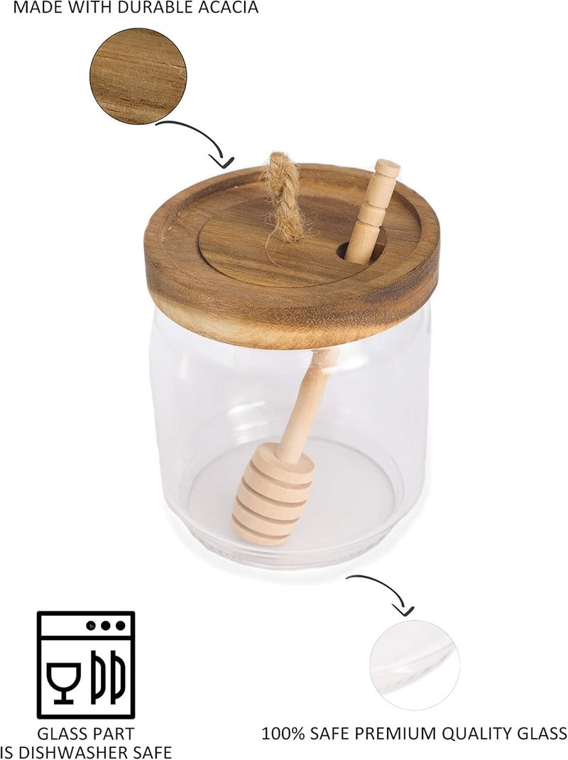 Dstuff Honey Jar Pot Glass Holder Dispenser Set with Wooden Dipper Stick and Acacia Lid Cover for Home Kitchen, Clear, Modern Honey Syrup Glass Container for Storage Gift, Honey Pot and Drizzler (14 Oz) - Image 2