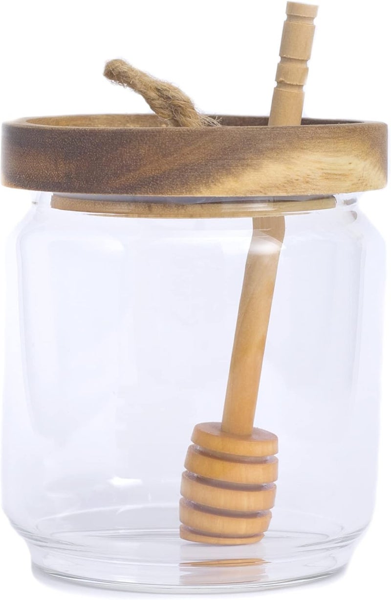 Dstuff Honey Jar Pot Glass Holder Dispenser Set with Wooden Dipper Stick and Acacia Lid Cover for Home Kitchen, Clear, Modern Honey Syrup Glass Container for Storage Gift, Honey Pot and Drizzler (14 Oz) - Image 1