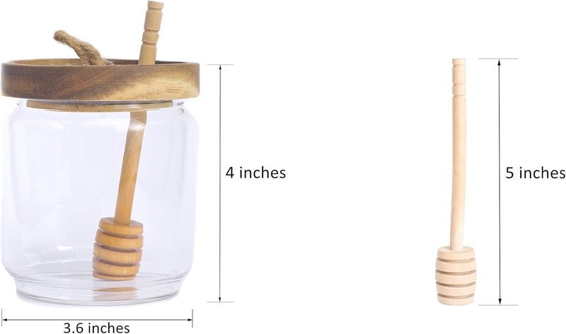 Dstuff Honey Jar Pot Glass Holder Dispenser Set with Wooden Dipper Stick and Acacia Lid Cover for Home Kitchen, Clear, Modern Honey Syrup Glass Container for Storage Gift, Honey Pot and Drizzler (14 Oz) - Image 3