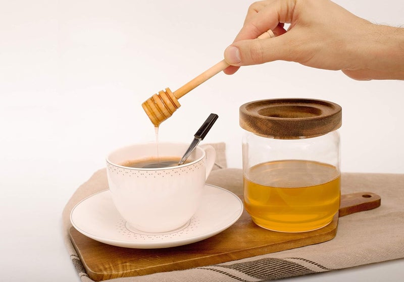 Dstuff Honey Jar Pot Glass Holder Dispenser Set with Wooden Dipper Stick and Acacia Lid Cover for Home Kitchen, Clear, Modern Honey Syrup Glass Container for Storage Gift, Honey Pot and Drizzler (14 Oz) - Image 4