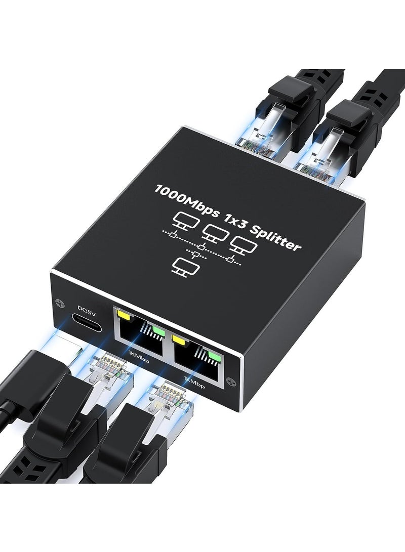 Ethernet Splitter 1 to 3 High Speed 1000Mbps Gigabit RJ45 Splitter Adapter 1 In 3 Out,LAN/Internet Cable Cat 8/7/6/5/5e Network Splitter Switch with USB Power Cable - Image 1
