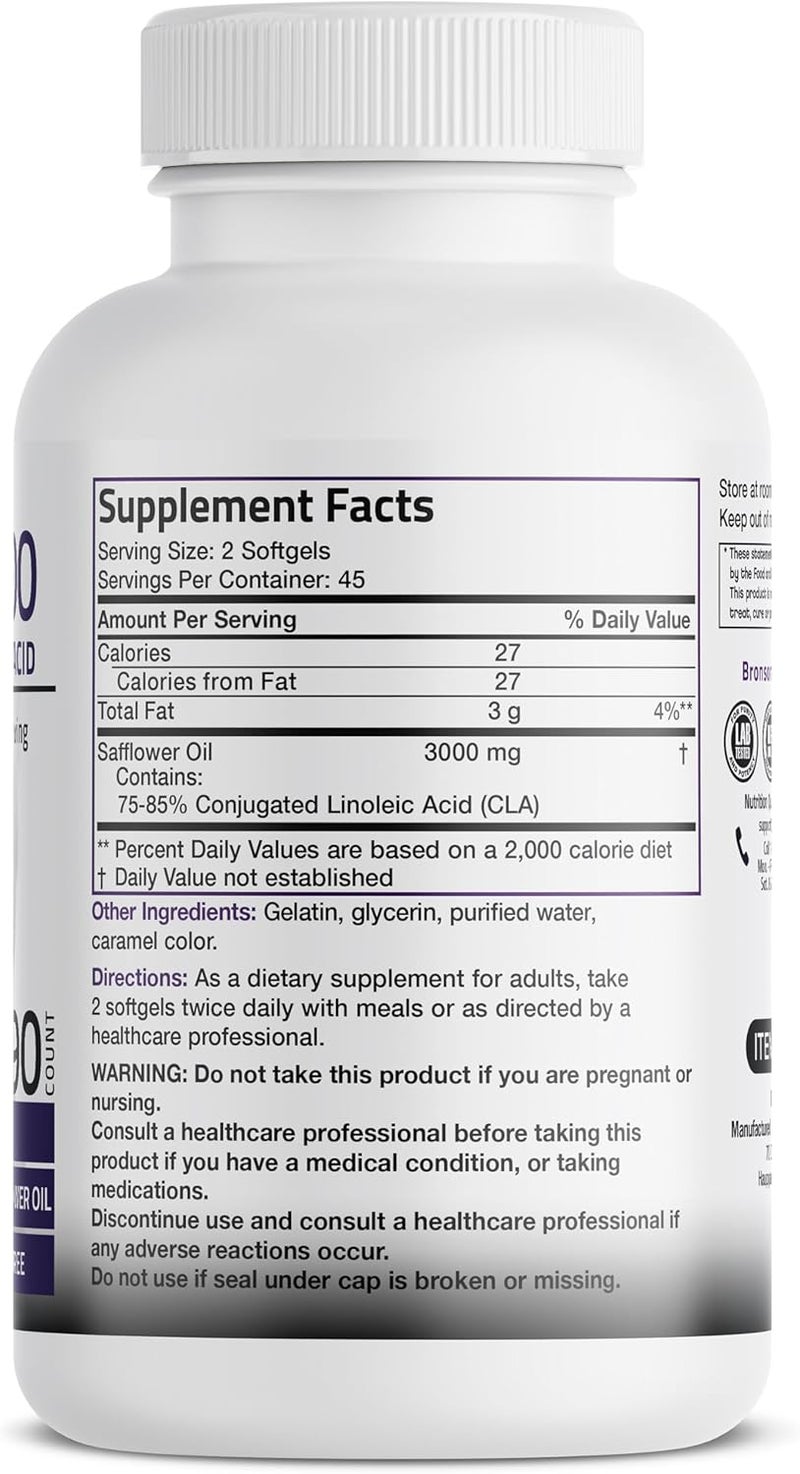 Bronson CLA 3000 Extra High Potency Supports Healthy Weight Management Lean Muscle Mass NonStimulating Conjugated Linoleic Acid 90 Softgels - Image 2