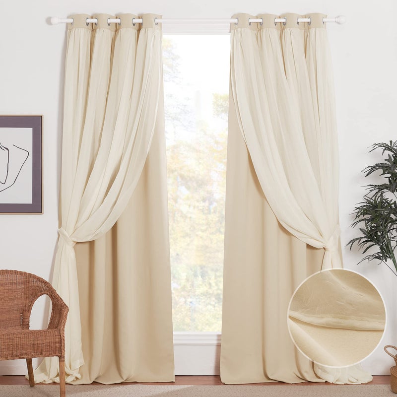 NICETOWN Nursery Double Layers Light Blocking Crushed Voile Sheer Overlap Blackout Curtains with 4 Tie-Backs for Girls Bedroom Window, Cortinas para sala (Set of 2, W52 x L63, Biscotti Beige) - Image 1