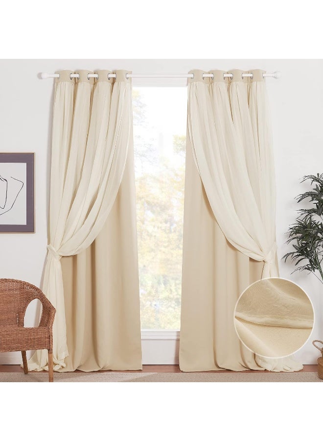 NICETOWN Nursery Double Layers Light Blocking Crushed Voile Sheer Overlap Blackout Curtains with 4 Tie-Backs for Girls Bedroom Window, Cortinas para sala (Set of 2, W52 x L63, Biscotti Beige) - Image 5