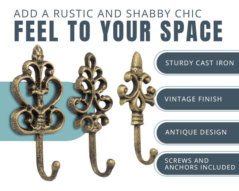 Comfify Shabby Chic Decorative Wall Hooks - Set Of 3 - Cast Iron French Country Wall Decor - Farmhouse Hangers For Coats Purses And More - Gold With Black - Image 2