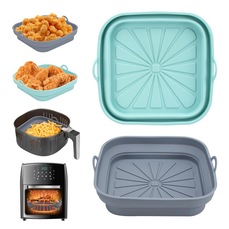 Alyvisun Silicone Air Fryer Liners 2PCS Reusable Airfryer Tray Foldable Kitchen Accessories Basket Versatile Square Baking Rack Pot for Microwave Oven BlueGrey