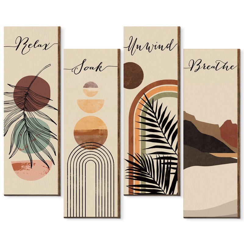 Yulejo Relax Soak Unwind Breathe Sign Decors Bathroom Wall Arts Abstract Boho Bathroom Wooden Wall Painting Mid Century Minimalist Botanical Rustic Wooden Wall Plaque for Home Washroom