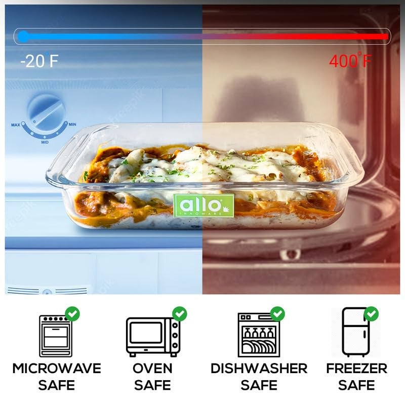 Allo طبق خبز زجاجي مستطيل من البورسليكات، صينية خبز، آمنة للفرن والميكروويف، مجموعة من 2 1000 مل، 1600 مل شفاف - Image 3