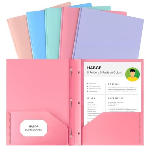 HABGP Two Pocket Folder With Prongs 5 Pack Pastel Colors Plastic Folders With Pockets and Business Card Holder Fit Letter Size for Organizing Papers in School Office Business - Image 1