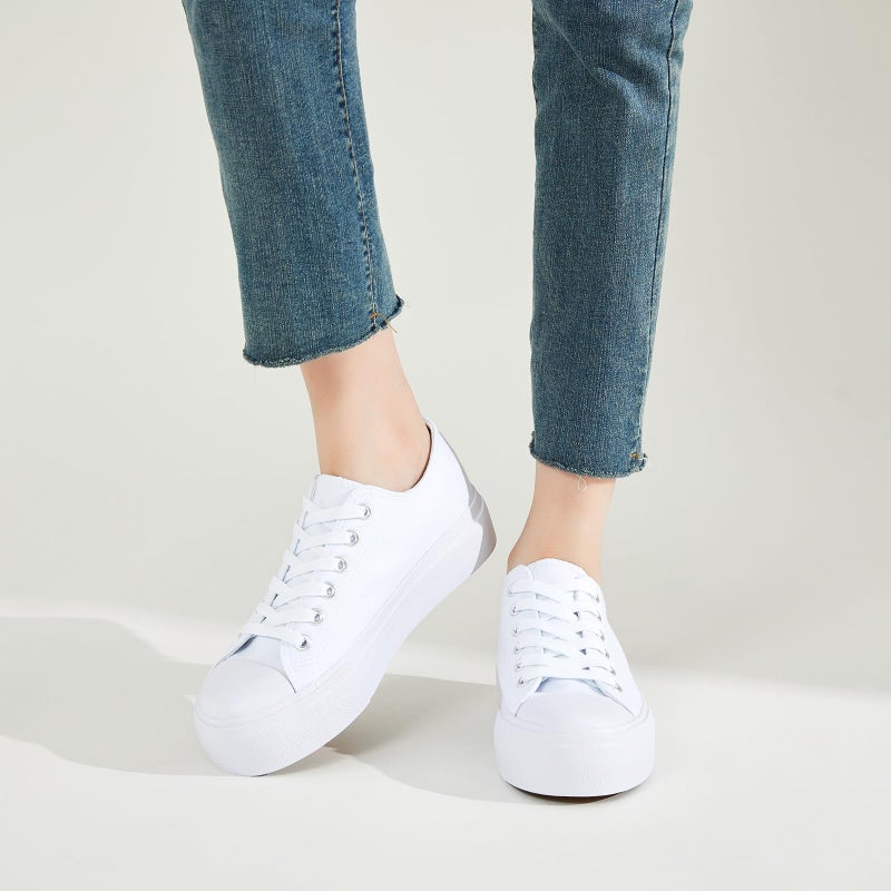 SERNIAL Womens White Platform Sneakers Low Top Platform Shoes Black Canvas Shoes for Women(Full White,US7) - Image 2