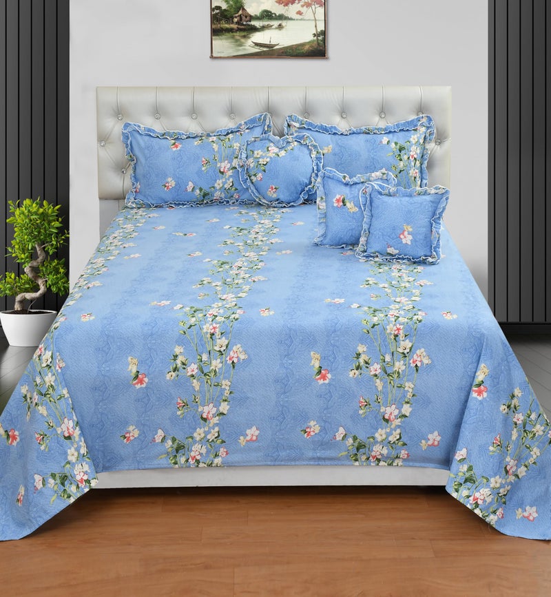 LCF Home Bedding 6 PCs Set (1 King Size Bedsheet, 2 Pillow Covers with Frill, 2 Square Cushion Covers with Frill with Fillers & 1 Heart Shaped Cushion Cover with Filler) (Blue) - Image 2