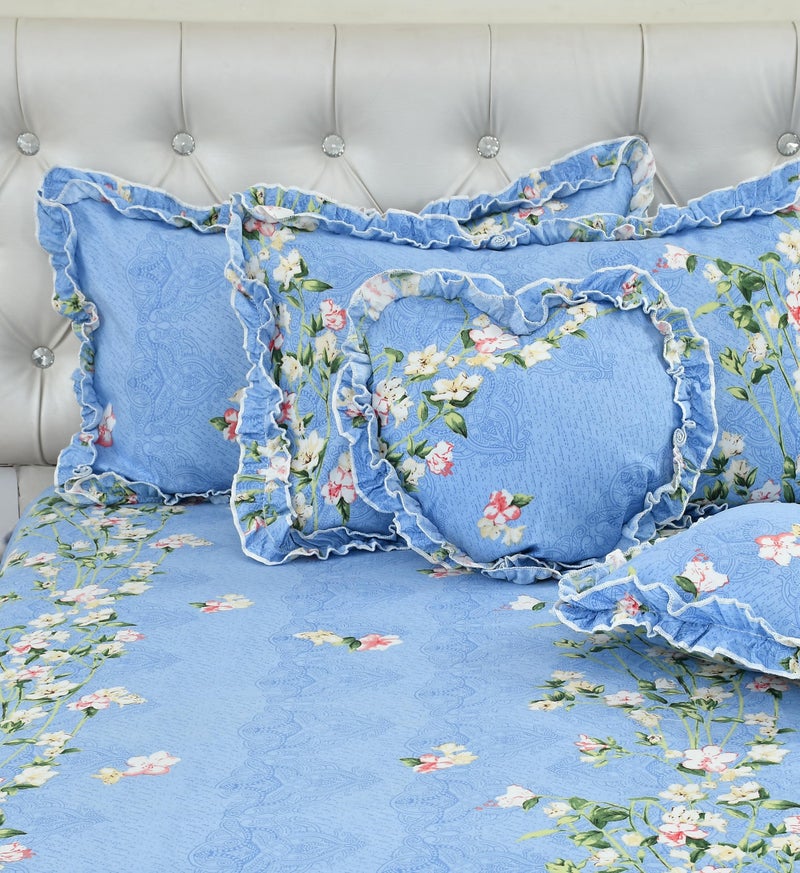LCF Home Bedding 6 PCs Set (1 King Size Bedsheet, 2 Pillow Covers with Frill, 2 Square Cushion Covers with Frill with Fillers & 1 Heart Shaped Cushion Cover with Filler) (Blue) - Image 3