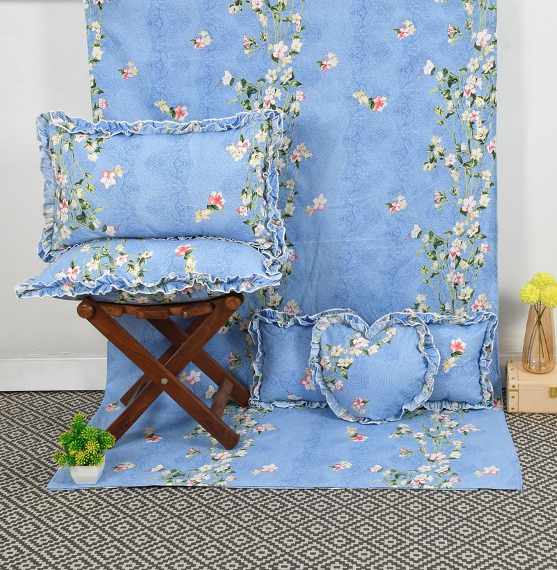 LCF Home Bedding 6 PCs Set (1 King Size Bedsheet, 2 Pillow Covers with Frill, 2 Square Cushion Covers with Frill with Fillers & 1 Heart Shaped Cushion Cover with Filler) (Blue) - Image 1
