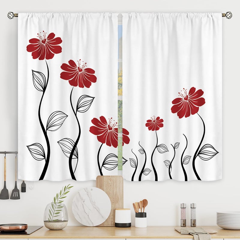 Riyidecor Red Flower Kitchen Curtains Floral Petals Rod Pocket Leaves Lines Woman Girl White Plant Silhouettes Printed Living Room Bedroom Window Drapes Treatment Fabric 2 Panels 26 x 36 Inch WWTGNA