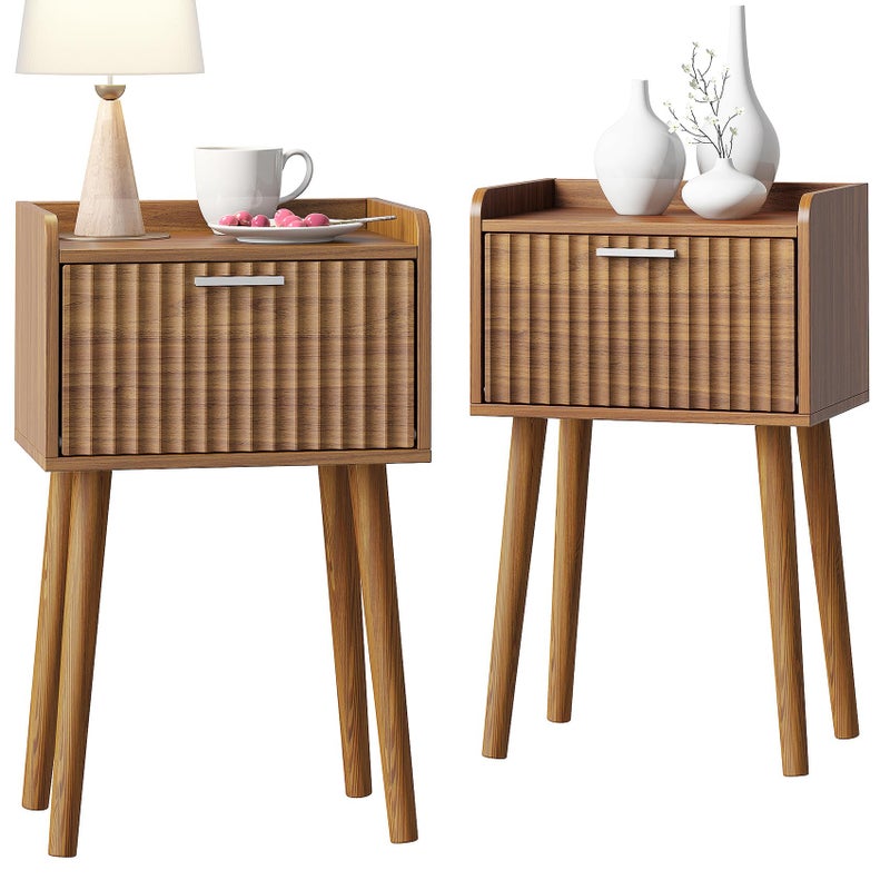 LAATOOREE Small Nightstands Set of 2, Side End Table, Bedside Table with Fluted Door, Solid Wood Feet; for Bedroom, Small Bed - Image 1