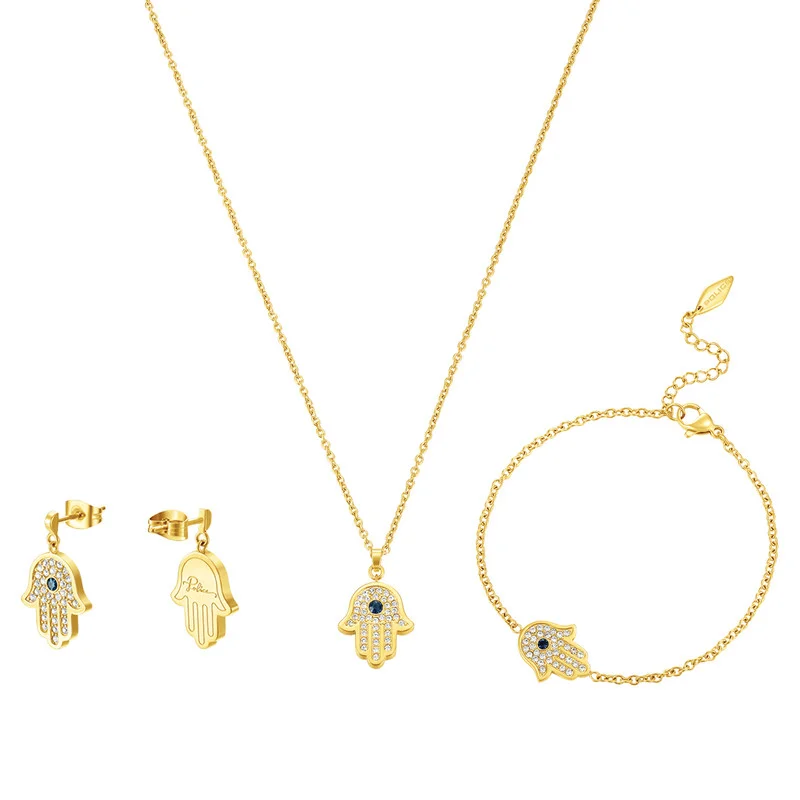 بوليس Vision Gold Plated Hamsa Hand Fatima White and Aqua Necklace, Earrings, Bracelet Set Box for Women