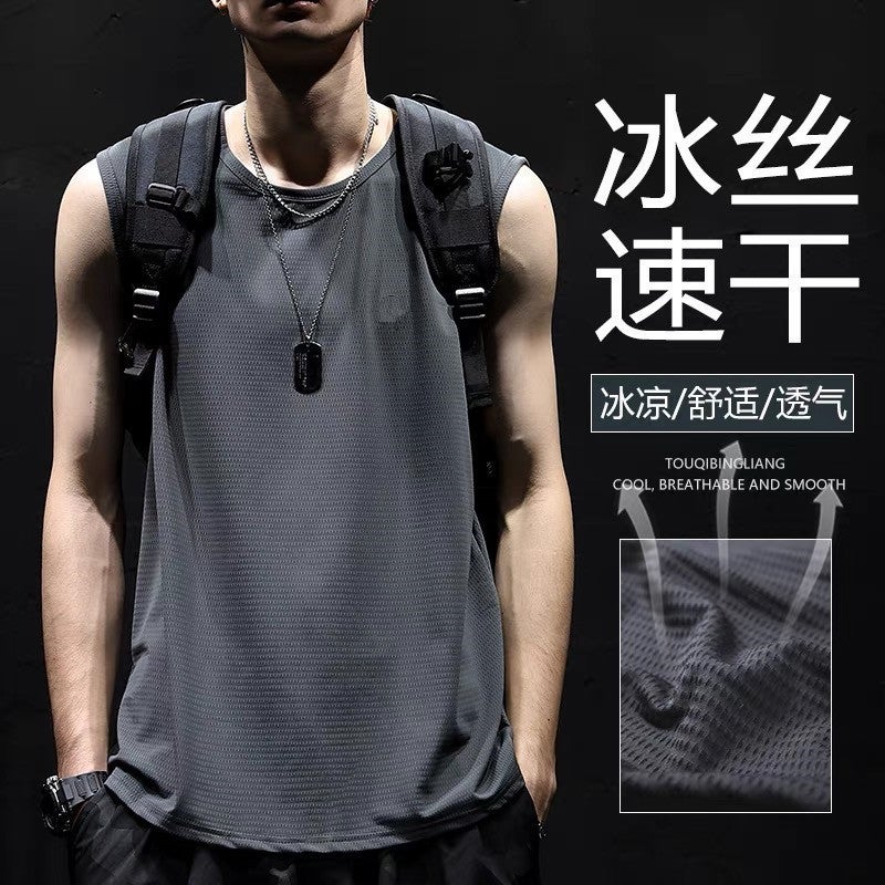 2023 Summer Mesh Ice Silk Sleeveless Vest Waistcoat Loose Trendy Men's Sports Basketball Fitness T-Shirt Top - Image 1