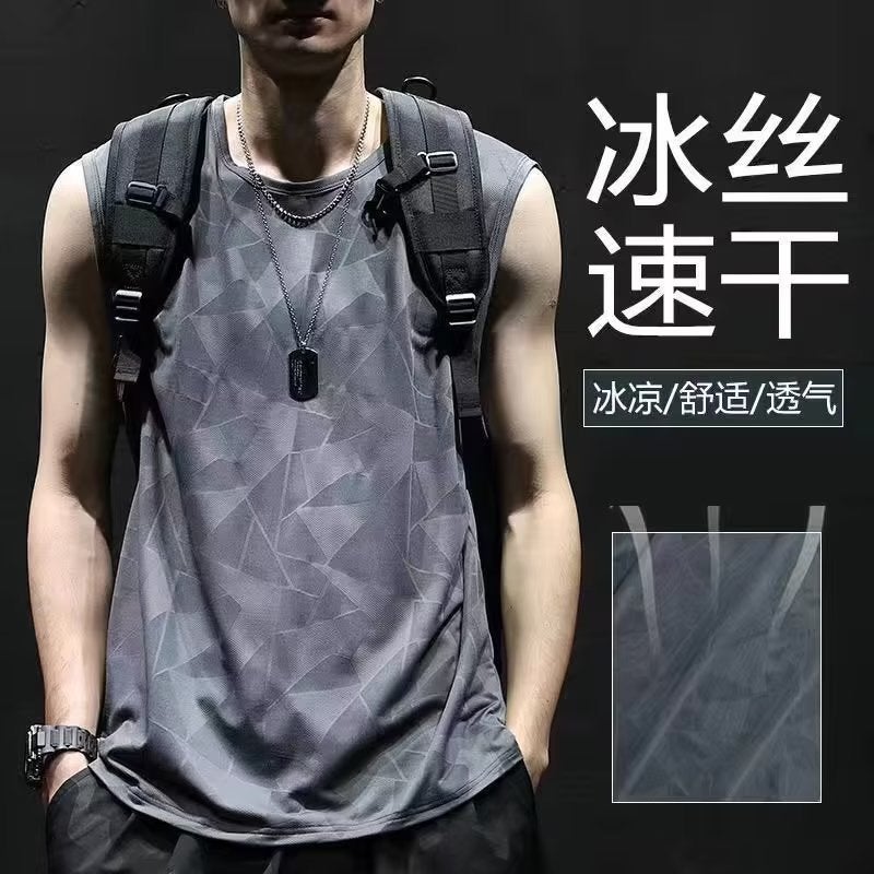 2023 Summer Mesh Ice Silk Sleeveless Vest Waistcoat Loose Trendy Men's Sports Basketball Fitness T-Shirt Top - Image 2