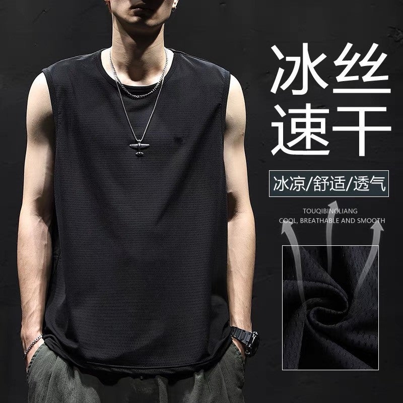 2023 Summer Mesh Ice Silk Sleeveless Vest Waistcoat Loose Trendy Men's Sports Basketball Fitness T-Shirt Top - Image 4