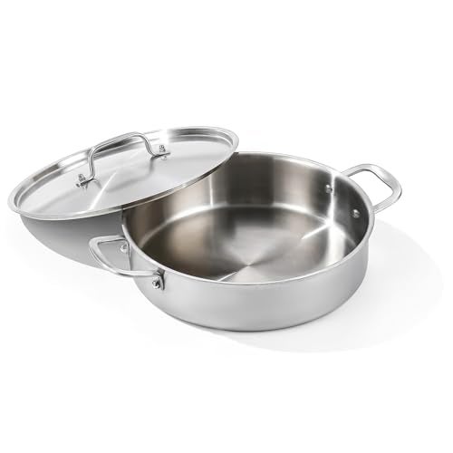 DELARLO Tri-Ply Stainless Steel 6 Quart Braiser Pan with Lid Induction Rondeau Pot With Lid 12inch Deep Frying Pan Large Saute Pan Heavy Duty Style Compatible With All Cooktops Up to 650℉ - Image 1