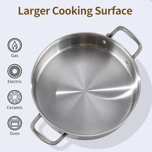 DELARLO Tri-Ply Stainless Steel 6 Quart Braiser Pan with Lid Induction Rondeau Pot With Lid 12inch Deep Frying Pan Large Saute Pan Heavy Duty Style Compatible With All Cooktops Up to 650℉ - Image 3