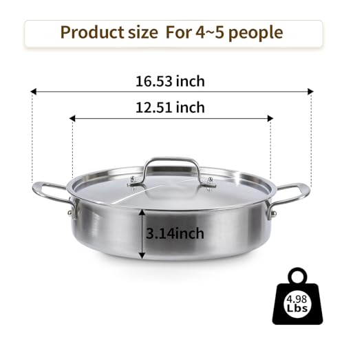 DELARLO Tri-Ply Stainless Steel 6 Quart Braiser Pan with Lid Induction Rondeau Pot With Lid 12inch Deep Frying Pan Large Saute Pan Heavy Duty Style Compatible With All Cooktops Up to 650℉ - Image 4