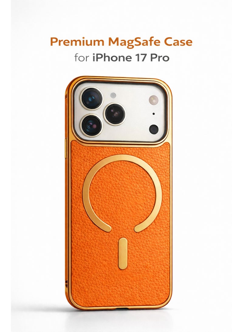 إيكون جراب جلد فاخر برتقالي لهاتف iPhone 17 Pro متوافق مع MagSafe – تصميم أنيق مقاوم للصدمات والخدوش - Image 1