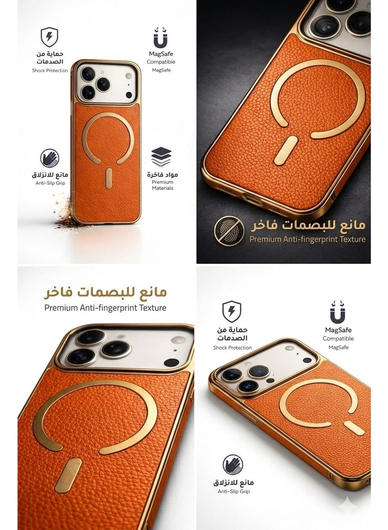 إيكون جراب جلد فاخر برتقالي لهاتف iPhone 17 Pro متوافق مع MagSafe – تصميم أنيق مقاوم للصدمات والخدوش - Image 5