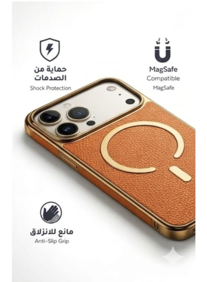 إيكون جراب جلد فاخر برتقالي لهاتف iPhone 17 Pro متوافق مع MagSafe – تصميم أنيق مقاوم للصدمات والخدوش - Image 3