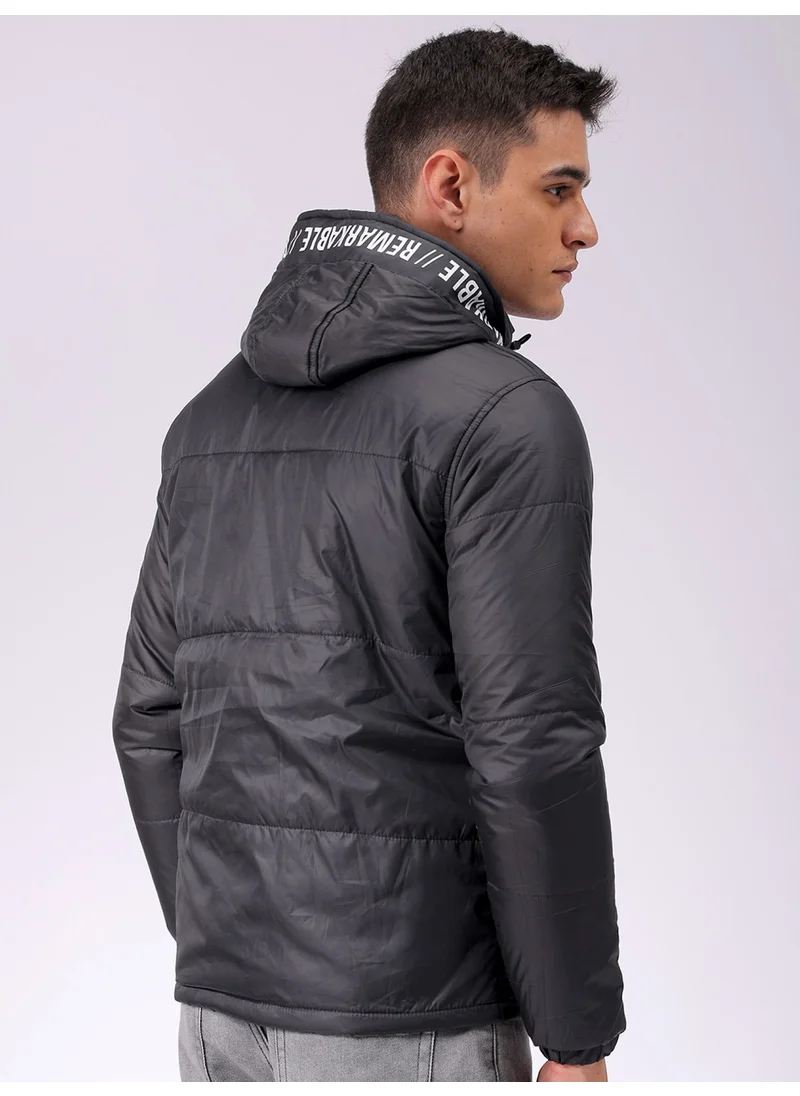 The Indian Garage Co Mens Black Slim Fit Cut & Sew Hooded Zipper Placket Side Pocket Winter Jacket