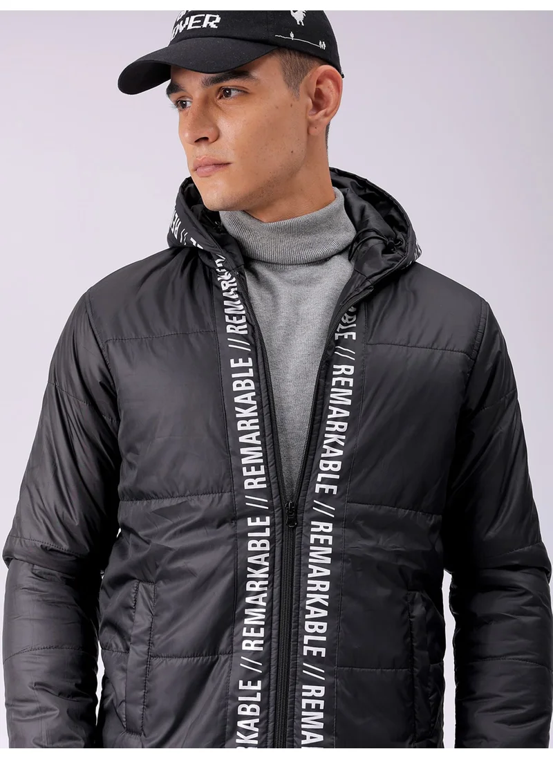 The Indian Garage Co Mens Black Slim Fit Cut & Sew Hooded Zipper Placket Side Pocket Winter Jacket