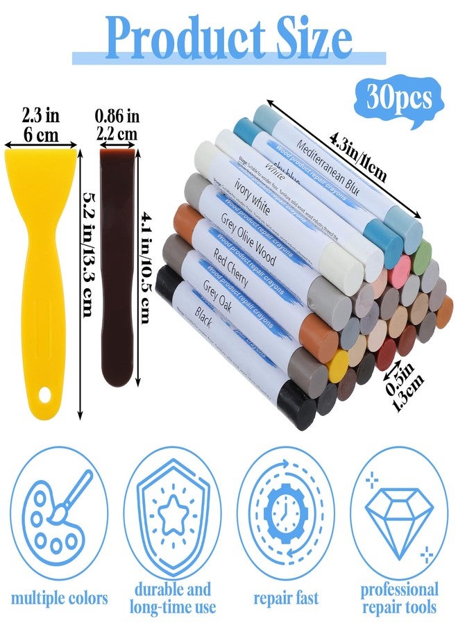 Caeuiciw 30+2Pieces Wood Filler Sticks, 30 Colos Wood Filler Putty Wax Crayons Furniture Repair Kit Putty Stick for Baseboard Cabinets Furniture Floors(with 2 Scrapers) - Image 2