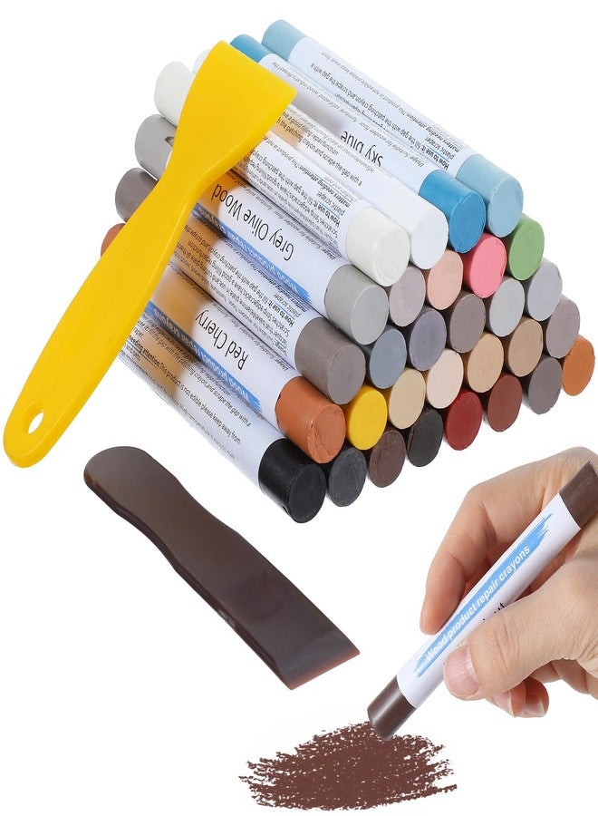 Caeuiciw 30+2Pieces Wood Filler Sticks, 30 Colos Wood Filler Putty Wax Crayons Furniture Repair Kit Putty Stick for Baseboard Cabinets Furniture Floors(with 2 Scrapers) - Image 1