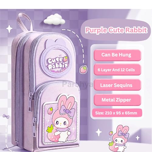 Parshya 6 Layer with 3 Compartment Premium Canvas Pencil Pouch for School Girls and Boys, Cute Aesthetic Stationery Items Kit Case, Large Capacity Stationary Pencil Box for Kids Gifts - Image 2