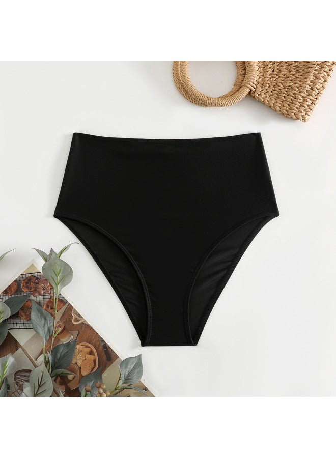إسكدنيا سراويل سباحة نسائية بلون سادة وخصر عالي ومطاط بي سراويل سباحة أوروبية وأمريكية - اللون: أسود - - Image 1