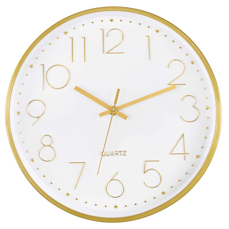 Foxtop Gold Wall Clock 12 Inch Silent NonTicking Battery Operated Round Quartz Modern Wall Clock for Office Living Room Kitchen Bedroom Home Decor