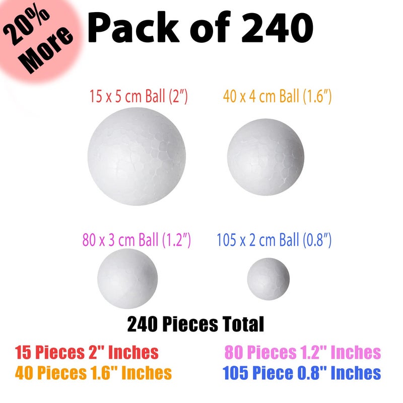 Bargain Paradise 240 Pack Foam Balls -Craft Foam Balls -Foam Craft Balls -Foam Balls for Arts and Crafts, DIY Craft for Home, School Craft Project -240 Bulk Foam Balls, 4 Sizes .8’’, 1.2’’, 1.6’’, 2’’ Inches - Image 2