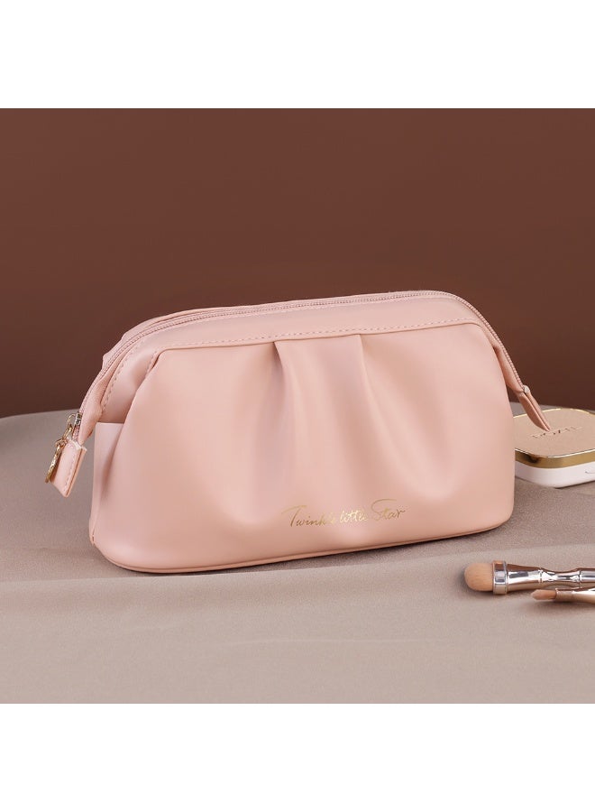 حقيبة مكياج من الجلد الصناعي، حقيبة مستحضرات تجميل للسفر، حقيبة يد محمولة، حقيبة أنيقة على الطراز الفرنسي تستحق النشر على إنستغرام (لون وردي فاتح) - Image 1