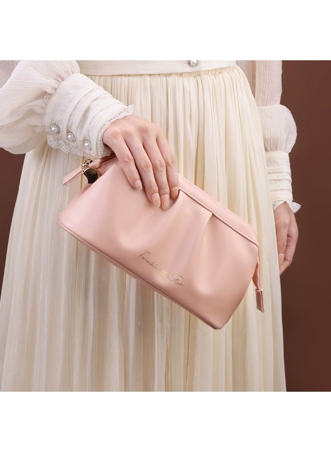 حقيبة مكياج من الجلد الصناعي، حقيبة مستحضرات تجميل للسفر، حقيبة يد محمولة، حقيبة أنيقة على الطراز الفرنسي تستحق النشر على إنستغرام (لون وردي فاتح) - Image 2