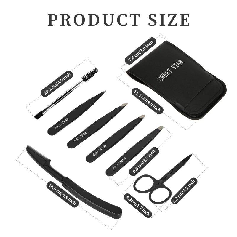 SWEET VIEW 7pcs Eyebrow Tweezers Kit for Women Precision Plucker with Brow Scissors & Razor & Spoolie for Facial, Chin, Brow, Splinter and Ingrown Hair - Image 2