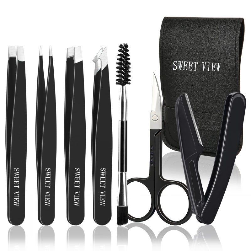 SWEET VIEW 7pcs Eyebrow Tweezers Kit for Women Precision Plucker with Brow Scissors & Razor & Spoolie for Facial, Chin, Brow, Splinter and Ingrown Hair - Image 1