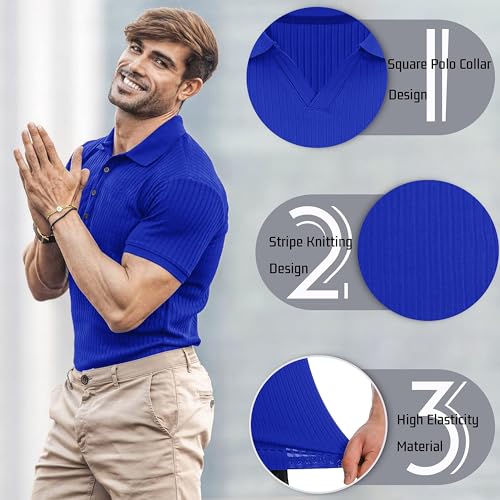 CANGHPGIN Collared Muscle Polo Shirts Men Slim Fit Textured Knit Polo Shirts Short Sleeve Button Down Shirts Casual Stylish Blue - Image 2