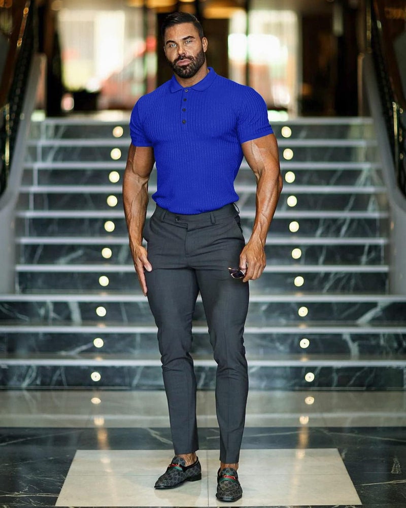 CANGHPGIN Collared Muscle Polo Shirts Men Slim Fit Textured Knit Polo Shirts Short Sleeve Button Down Shirts Casual Stylish Blue - Image 3