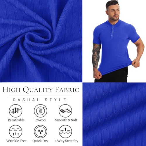 CANGHPGIN Collared Muscle Polo Shirts Men Slim Fit Textured Knit Polo Shirts Short Sleeve Button Down Shirts Casual Stylish Blue - Image 4