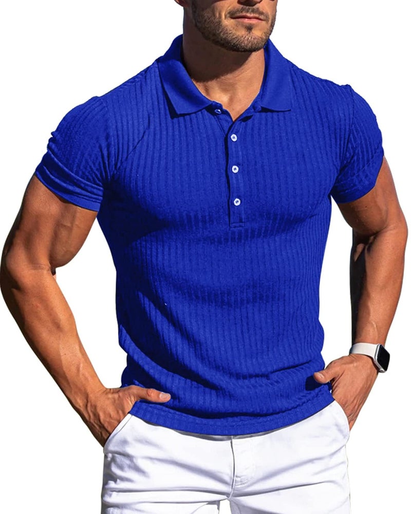 CANGHPGIN Collared Muscle Polo Shirts Men Slim Fit Textured Knit Polo Shirts Short Sleeve Button Down Shirts Casual Stylish Blue - Image 1