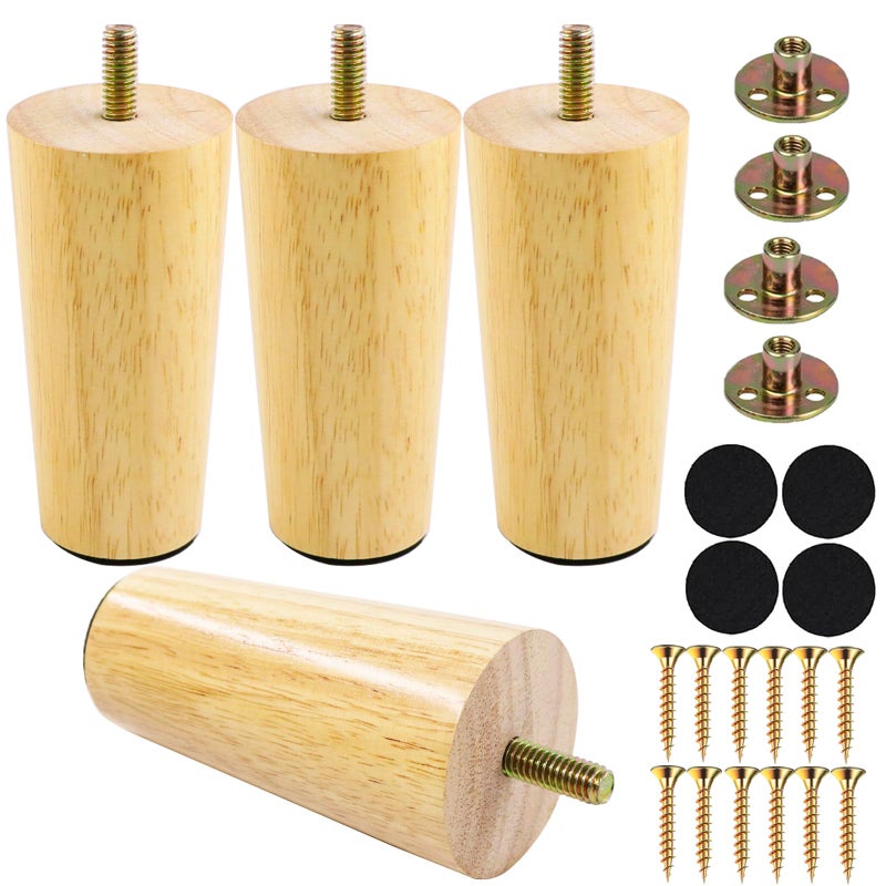 Yaliuliu 4 Inches Round Solid Wood Furniture Legs Set of 4, Natural Wooden Replacement Feet with Threaded 5/16'' Hanger Bolts for Sofa, Couch, Armchair, Cabinet, TV Stand, Ottoman and Dresser - Image 1
