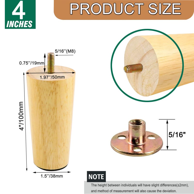 Yaliuliu 4 Inches Round Solid Wood Furniture Legs Set of 4, Natural Wooden Replacement Feet with Threaded 5/16'' Hanger Bolts for Sofa, Couch, Armchair, Cabinet, TV Stand, Ottoman and Dresser - Image 2